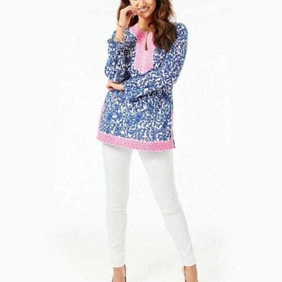 Lilly Pulitzer Ocean Cove Long Sleeve Tunic Top Oyster Bay Blue Krillin It. Sz S - Picture 2 of 15